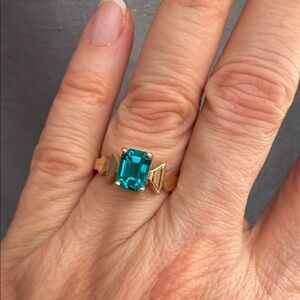 Vintage 80s Avon Blue Zircon Ring with Gold Christmas Ornament Box NIB